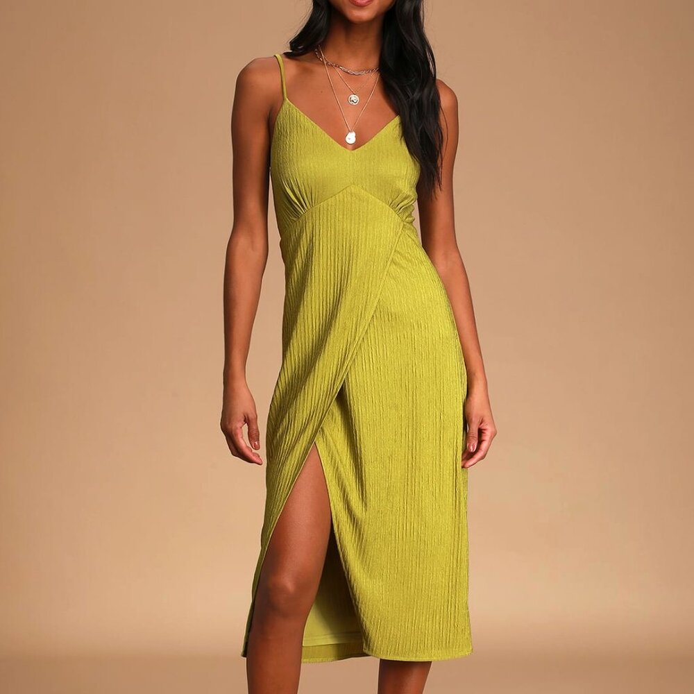 Lulus XS Tie-Back Faux Wrap Chartreuse Midi Dress
